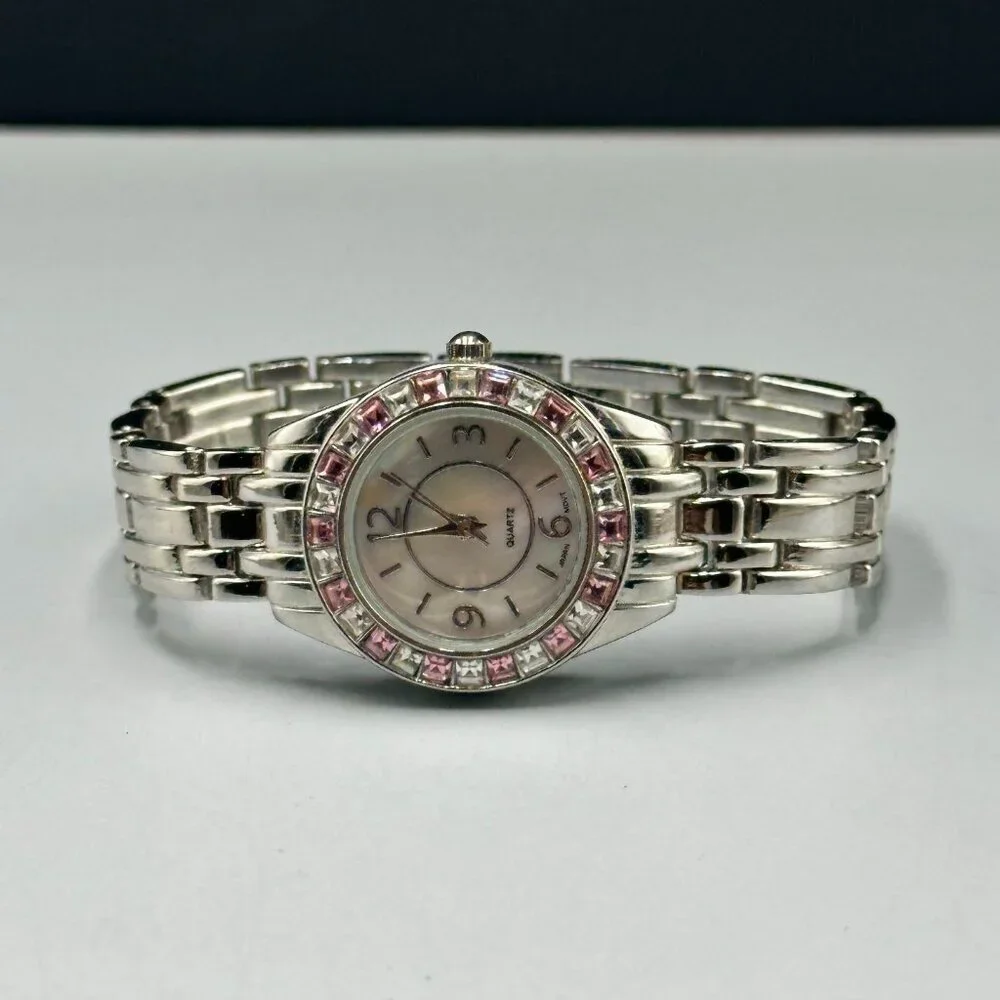 M. Z. Berger Watch Women Silver Tone Pink White Crystal Bezel New Battery